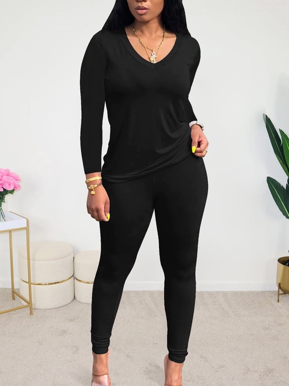 Women's Tracksuits 2 Piece Outfits Sweatsuit Long Sleeve Top Jogger Legging Pants Sets-Black-XL