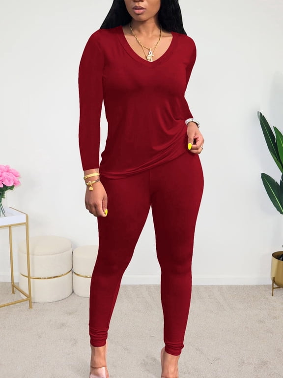 Women's Tracksuits 2 Piece Outfits Sweatsuit Long Sleeve Top Jogger Legging Pants Sets-Burgundy-S