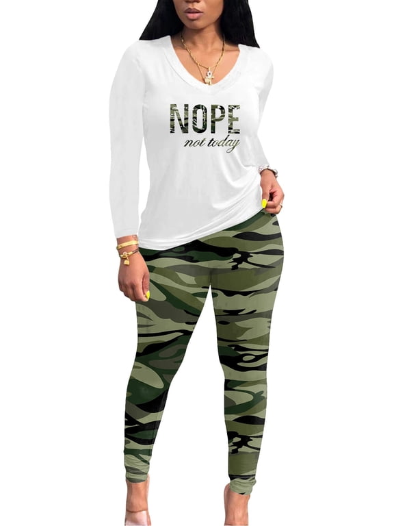 Women's Tracksuits 2 Piece Outfits Sweatsuit Long Sleeve Top Jogger Legging Pants Sets-Camouflage White-S