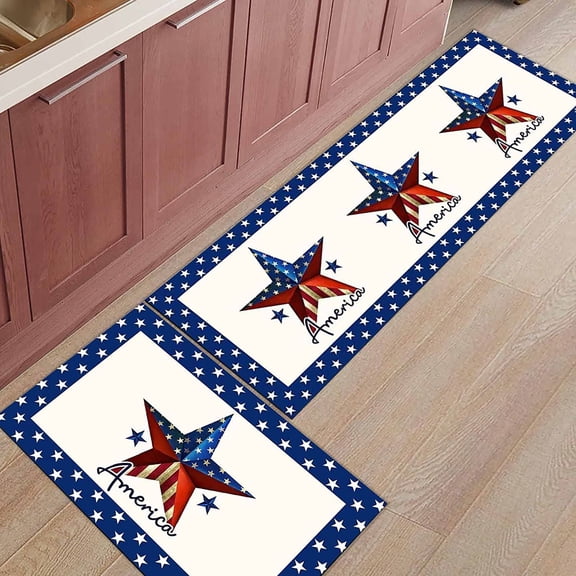 Aomike Independence Day Kitchen Mats 2 Piece, Patriotic Stars and USA Flag Kitchen Rugs Set 4th of July Pentagram Inside Floor Mat for Kitchen/Office/Entryway, 15.7" x 23.6"+15.7" x 47.2"