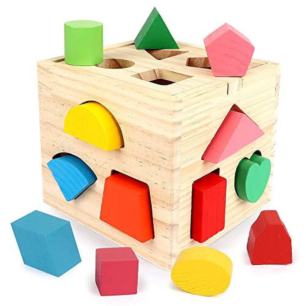 Aomola Wooden Shape Sorting Cube Toys with 13 Colorful Wood Geometric ...