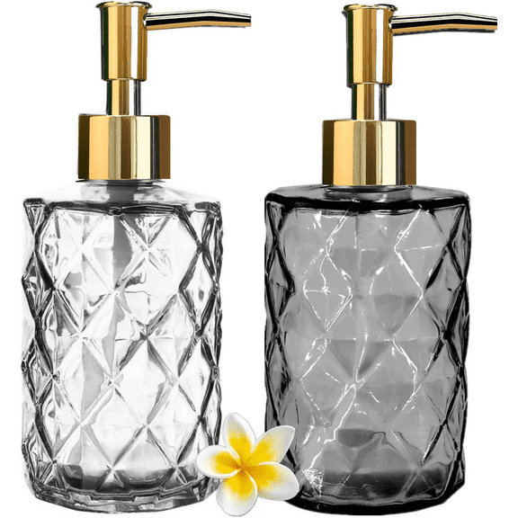 Aomota 2 Pack Glass Soap Dispenser Diamond Design , 12 Ounce Kitchen Soap Dispenser for Bathroom, Hand Soap, Dish Soap (Transparent and Grey)