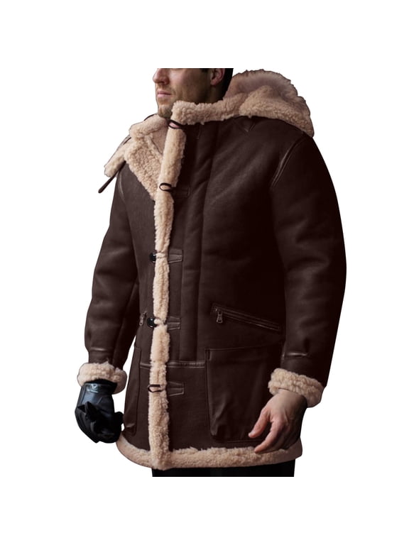 Men Plus Size Hooded Winter On Coat Lapel Collar Long Sleeve Padded Leather Jacket Vintage Thicken Coat Sheepskin Jacketjackets Man