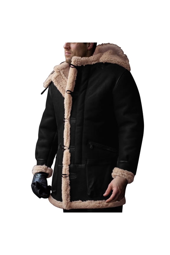 Men Plus Size Hooded Winter On Coat Lapel Collar Long Sleeve Padded Leather Jacket Vintage Thicken Coat Sheepskin Jacketjackets Man