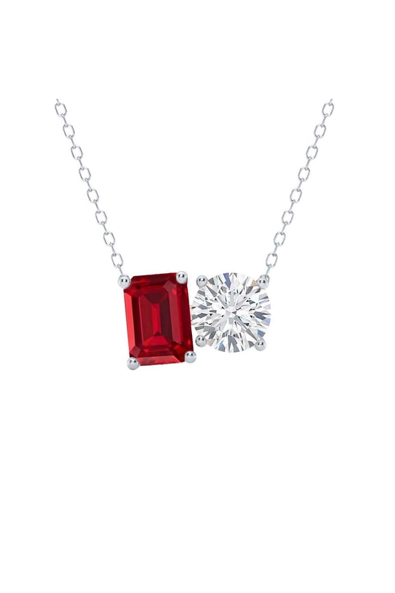 Aone Jewelry 14K Gold 2.00 Carat Lab Grown Diamond and Lab Created Ruby Toi Et Moi Pendant Necklace for Women | EF-VS1 Clarity | AAA Color | With Gold Cable Chain