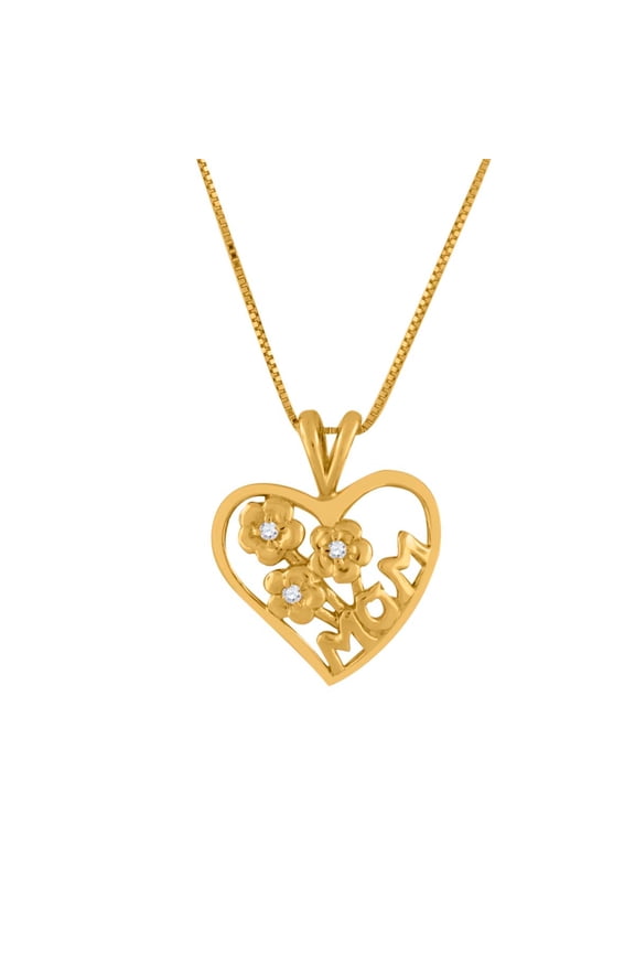 Aone Jewelry Heart Shape Mom Pendant For Woman With Floral Design In Center With Round Shape Diamond Crafted In 10k Rose White and Yellow Gold With 18 Gold Plated Over 925 Sterling Silver Box Chain