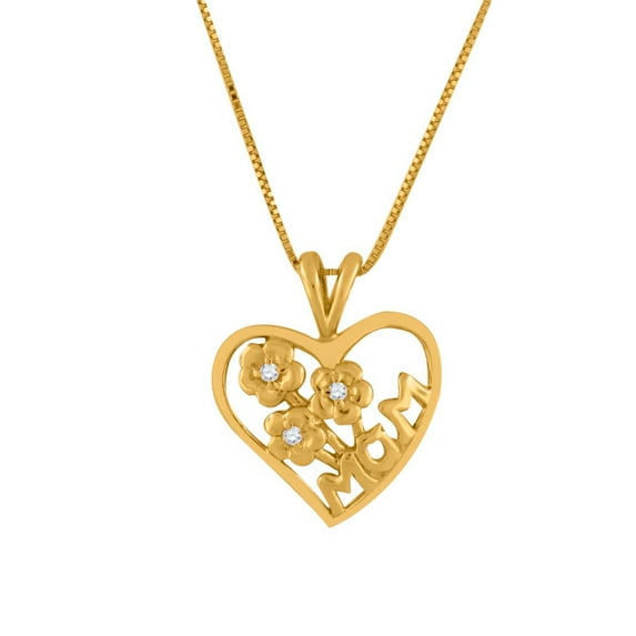 Aone Jewelry Heart Shape Mom Pendant For Woman With Floral Design In Center With Round Shape Diamond Crafted In 10k Rose White and Yellow Gold With 18 Gold Plated Over 925 Sterling Silver Box Chain