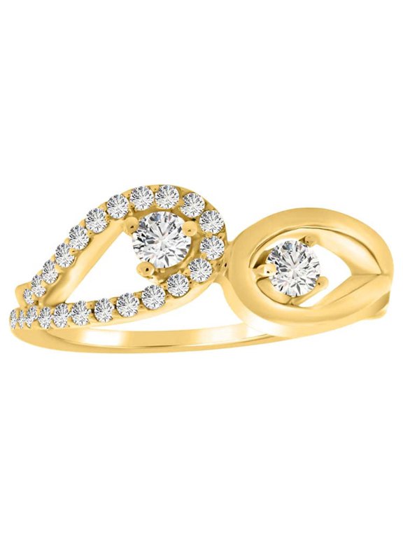 0.5 (Half) Carat Round Shape Single Cut Two Center Stone With Multi Side Stones Crafted In 10K Rose White & Yellow Gold Engagement Wedding Ring For Women(IJ/I2-I3)