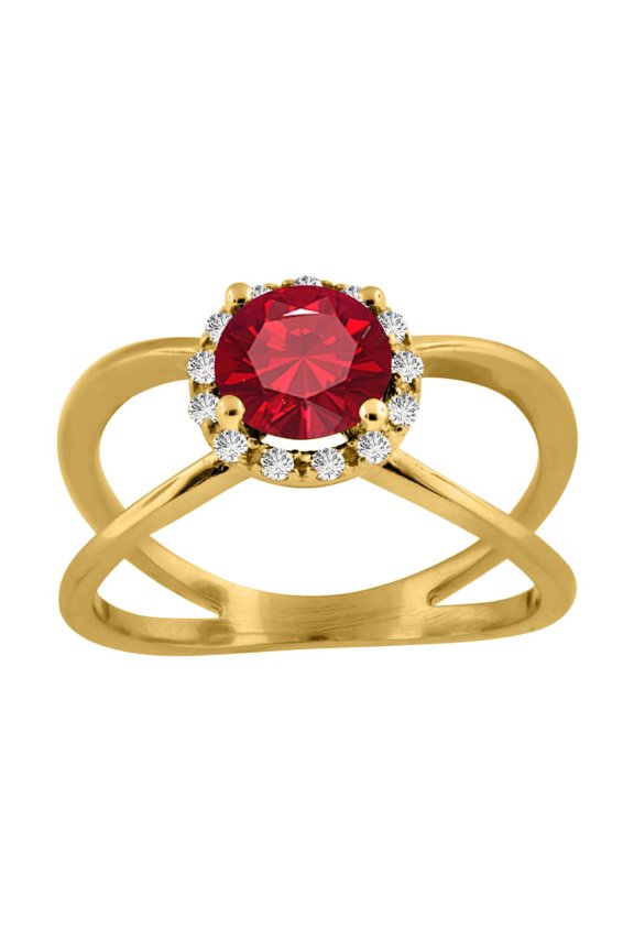 0.85 Carat 6MM Round Created Ruby and Diamond Ring In 10K Solid Rose, White & Yellow Gold