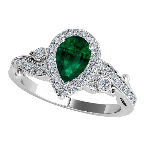 AoneJewelry 1.00 Carat Pear Shape Emerald Diamond Ring In 10K Solid White & Yellow Gold