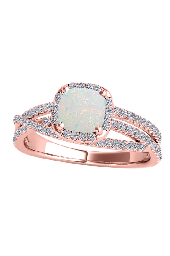 1.35 Carat Cushion Shape Opal & White Diamond Split Shank Ring In 14K Solid Rose Gold