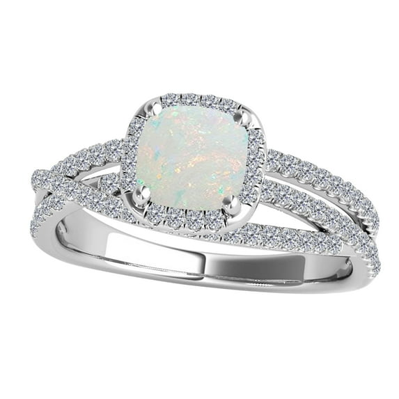 AoneJewelry 1.35 Carat Cushion Shape Opal & White Diamond Split Shank Ring In 14K Solid White Gold