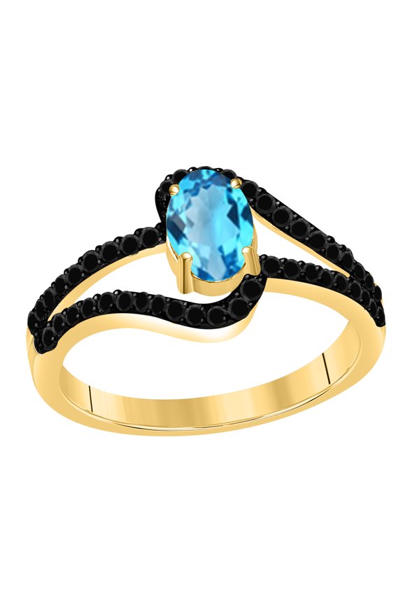 1.45 Ct. Blue-Topaz Gemstone & Black Diamond Ring Crafted In 10K Rose, White & Yellow Gold