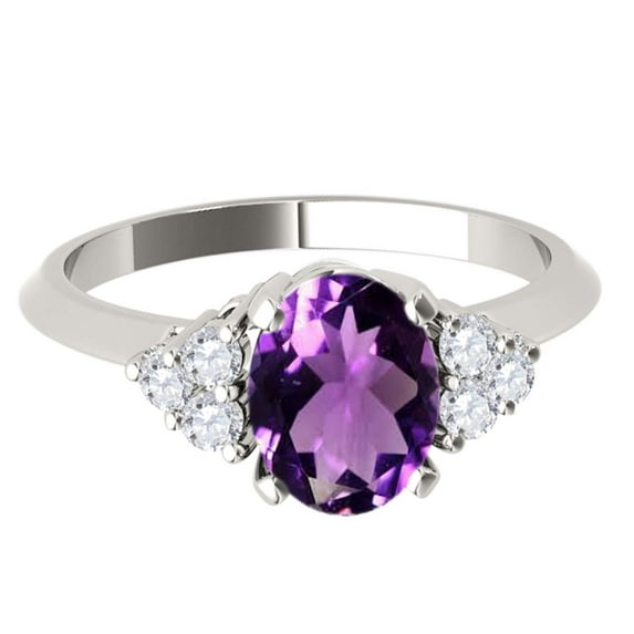 AoneJewelry 10K White Gold Oval Amethyst and Diamond Ring 1.55 Carat Gemstone Jewelry for Women