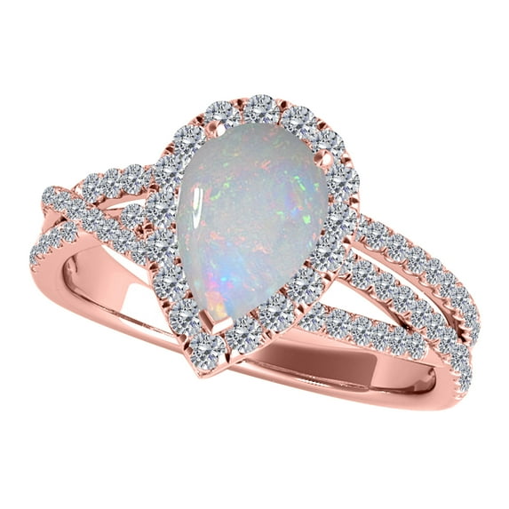 AoneJewelry 2.00 Carat Pear Shape Opal & Diamond Gemstone Ring In 10K Rose Solid Gold