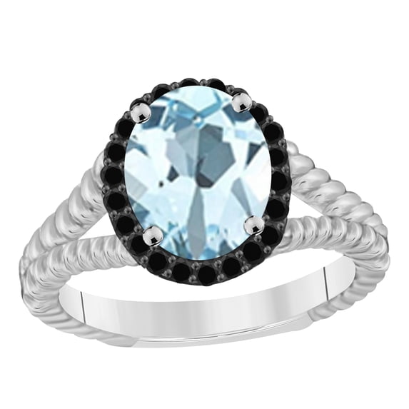 AoneJewelry 2.00 Ct. Aquamarine Black Diamond Ring In 10K Rose, White & Yellow Gold