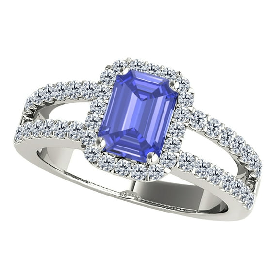 AoneJewelry 2 Cttw Gemstone and Diamond Ring Sold (I-J, I1-I2) With Emerald Cut Tanzanite and Natural Diamonds in 10k White Gold