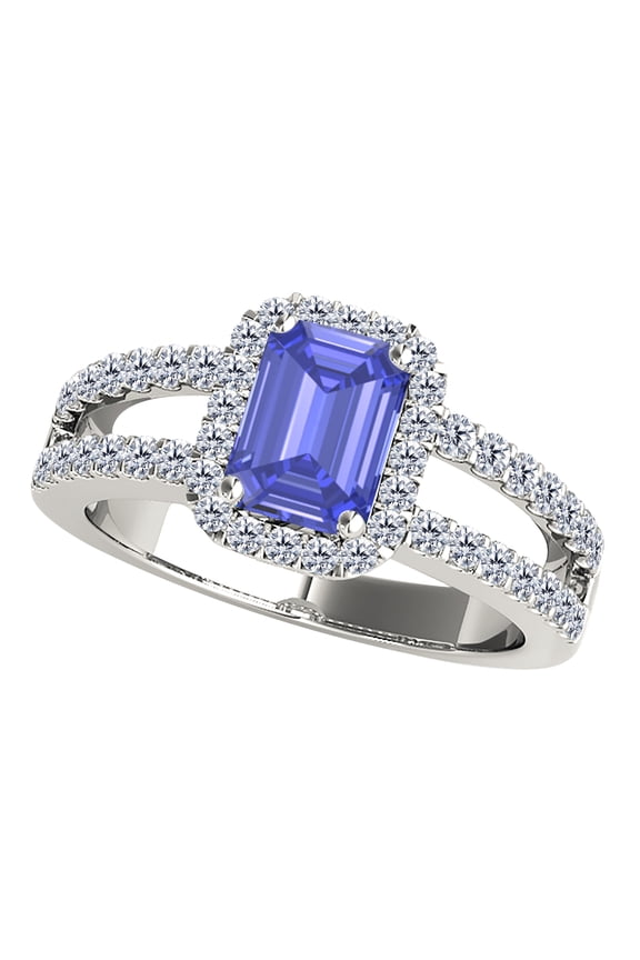 2 Cttw Gemstone and Diamond Ring Sold (I-J, I1-I2) With Emerald Cut Tanzanite and Natural Diamonds in 10k White Gold