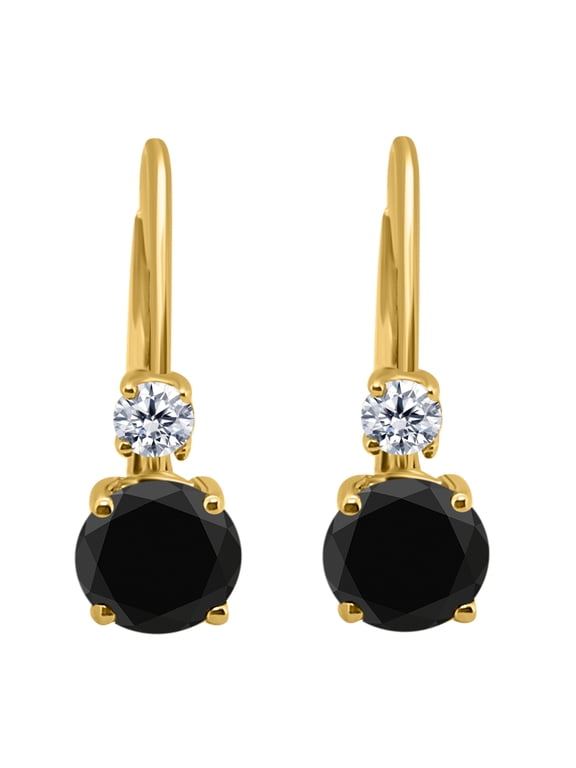 Black & White Diamond Leverback Earring for Women | 14K Yellow Gold 1.50 Carat 4 Stone Round Cut Prong Setting Genuine Diamond