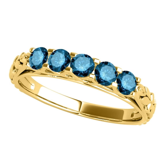 AoneJewelry Blue Diamond Five Stone 1.00 Carat 10K Solid Yellow Gold Wedding Band