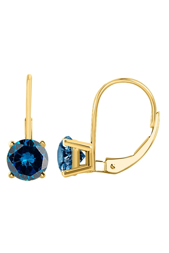Blue Diamond Leverback Earring for Women| 14K White & Yellow Gold 0.30 Carat 2 Stone Round Cut Prong Setting Genuine Diamond