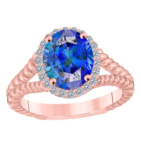 AoneJewelry Oval-Shape Created Tanzanite 2.00 Ct. Gemstone Diamond Ring In Solid Gold