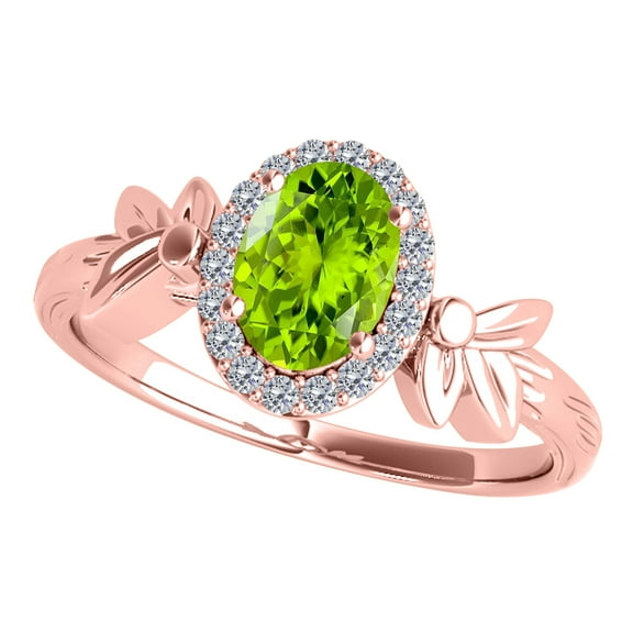 AoneJewelry Oval Shape Peridot and Diamond Ring In 10K Solid Rose, White & Yellow Gold