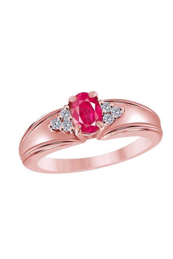 0.65 Ct 6x4 Oval Shape Created Ruby Gemstone (AA) With 6 white Side diamonds (HI/I1-I2) In 10K Rose White and Yellow Gold Engagement wedding Ring For Women