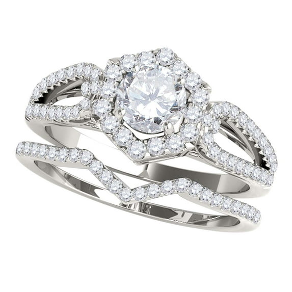 Aonejewelry 0.85 Carat Halo Daimond Engagement Bridal Set 14K White Gold
