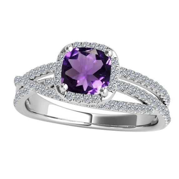 Aonejewelry 0.90 Ct. Ttw Diamond and Cushion Shaped Amethyst Ring in 10K White Gold