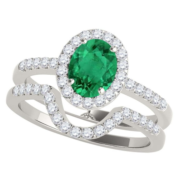 Aonejewelry 1.10 Carat Ttw Oval Shaped Emerald and Diamond Bridal Set In 10K White Gold