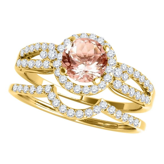 Aonejewelry 1.25 Ct. Halo Morganite and Diamond Engagement Bridal Set In 14k Yellow Gold