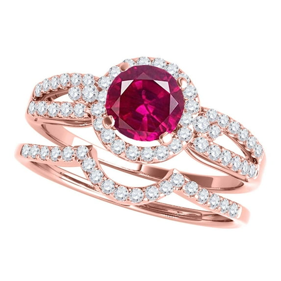 Aonejewelry 1.25 Ct. Halo Ruby and Diamond Engagement Bridal Set In 14k Rose Gold