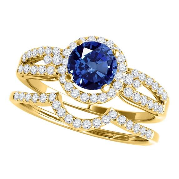 Aonejewelry 1.25 Ct. Halo Sapphire and Diamond Engagement Bridal Set In 14k Yellow Gold