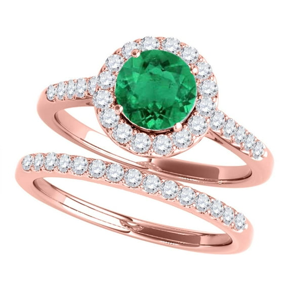 Aonejewelry 1.40 Ct. Halo Emerald and Diamond Bridal Set In 14k Rose Gold