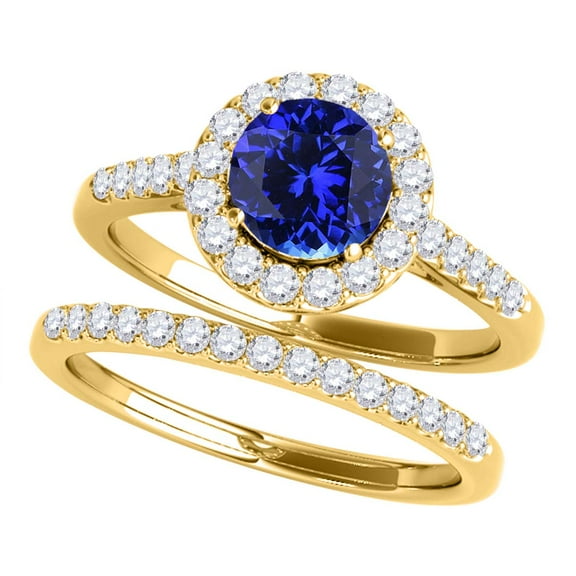 Aonejewelry 1.40 Ct. Halo Tanzanite and Diamond Bridal Set In 14k Yellow Gold