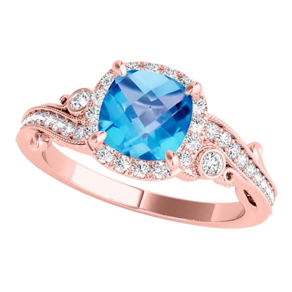 Aonejewelry 1.50 Carat Cushion Cut Blue Topaz In Center and White Diamond On Side Engagement Ring Women Crafted In 10K Solid Rose White Yellow Gold