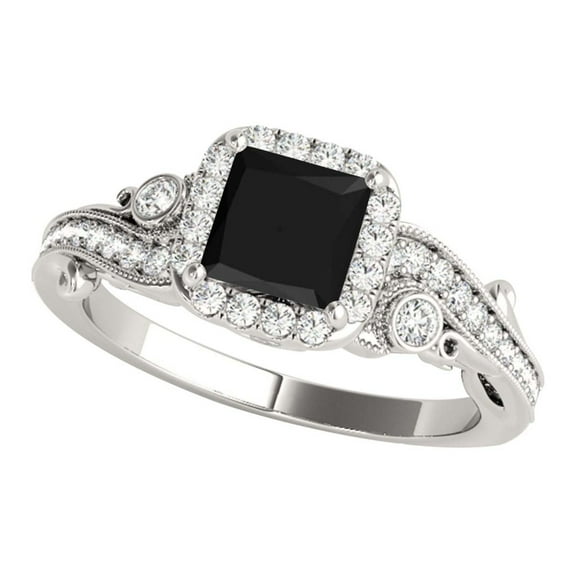 Aonejewelry 1.50 Carat Princess Cut Natural Black Diamond In Center and White Diamond On Side Engagement Ring Women Crafted In 10K Solid Rose White Yellow Gold