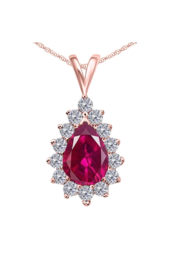 1.55 Carat Pear Shape Gemstone With Diamonds Tear Drop Design Pendant Necklace For Woman Crafted In 10k Rose White and Yellow Gold With 18 Gold Plated Over 925 Sterling Silver Box Chain
