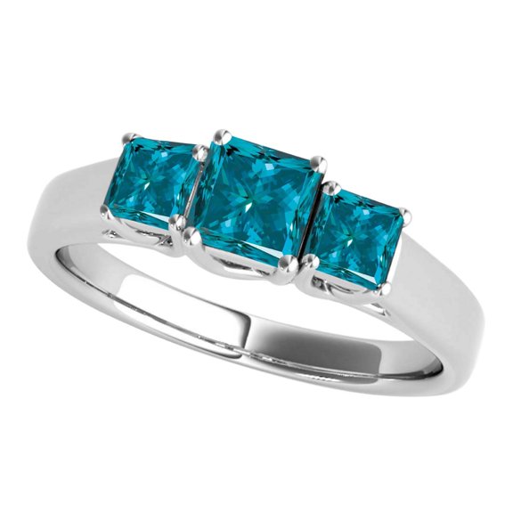 Aonejewelry 1 Carat Blue Dimaond Princess Cut 3 Stone Brilliant Diamond Enagagement Wedding Ring Crafted In 10K Solid Rose White and Yellow Gold For Woman