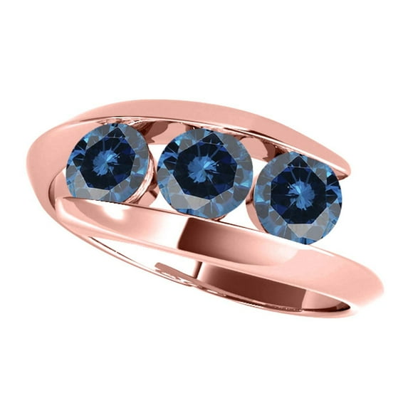 Aonejewelry 1 Carat Natural Blue Dimaond Round Shape 3 Stone Brilliant Design Enagagement Wedding Ring Crafted In 10K Solid Rose White and Yellow Gold For Woman