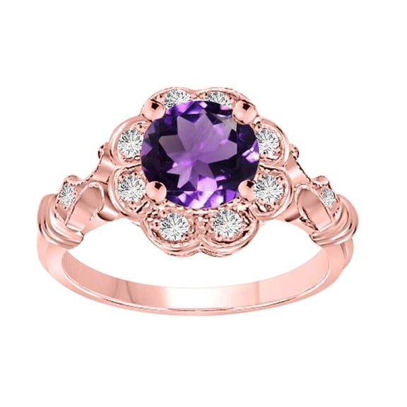 Aonejewelry 1.00 Carat Round Amethyst Gemstone and Halo Diamond Ring in 10K Solid Rose, White & Yellow Gold