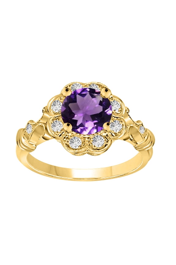 1.00 Carat Round Amethyst Gemstone and Halo Diamond Ring in 10K Solid Rose, White & Yellow Gold