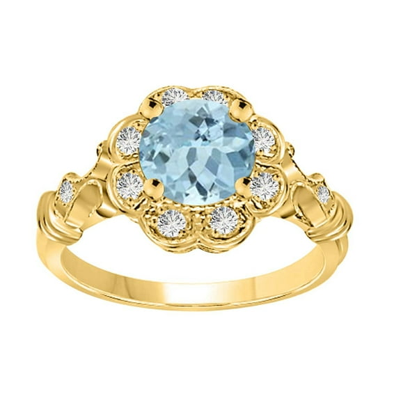 Aonejewelry 1.00 Carat Round Aquamarine Gemstone and Halo Diamond Ring in 10K Solid Rose, White & Yellow Gold
