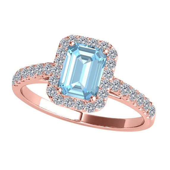 Aonejewelry 2.15 Ct. Ttw Diamond and Emerald Shaped Aqumarine Ring in 10K Rose Gold