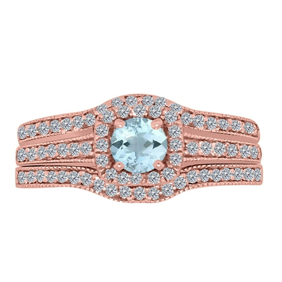 Aonejewelry Engagement Rings for Women 1.50 Carat Aquamarine Gemstone & Round White Diamond Trio Ring Set In 14K Rose, White & Yellow Gold