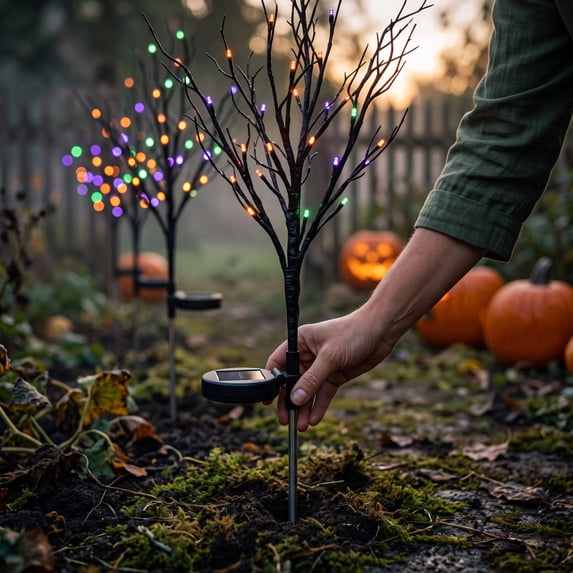 Aonerit 0.4IN Halloween Solar Artificial Branch Lights, Glowing Twig Garden Stake Lamp, Outdoor Yard Patio Decor, Spooky Seasonal Home Party Display