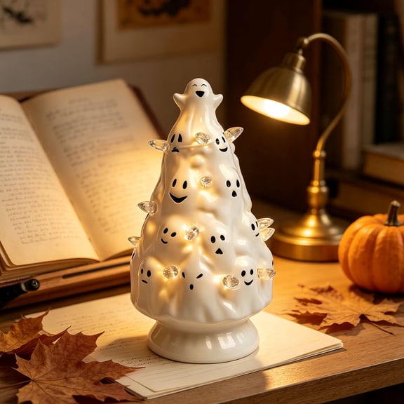 Aonerit 12X4In Ceramic Ghost Tree Light, Led Smiling Ghosts Orange Glow, Pumpkin Accent, Whimsical Tabletop Mantel,Cute Halloween Centerpiece