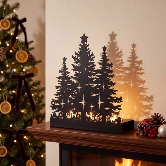 Aonerit 16X9In Christmas Tree Candle Holder, Iron Tea Light Stand, Pine Design Farmhouse Centerpiece, Rustic Holiday Table Decor, For Home Mantel