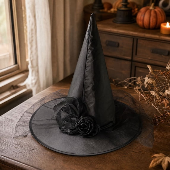 Aonerit 16in Rose Witch Hat, Flower Mesh Wizard Cap, Foldable Party Accessory, Halloween Carnival Dress Up, Holiday Masquerade Decor